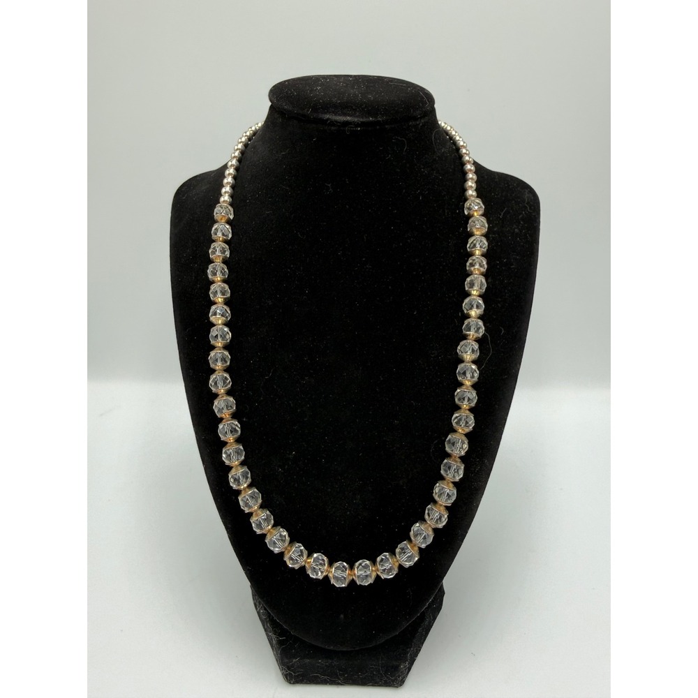 Vintage Faceted Clear Crystal Bead Necklace Silver Tone Toggle Clasp 17 Inch